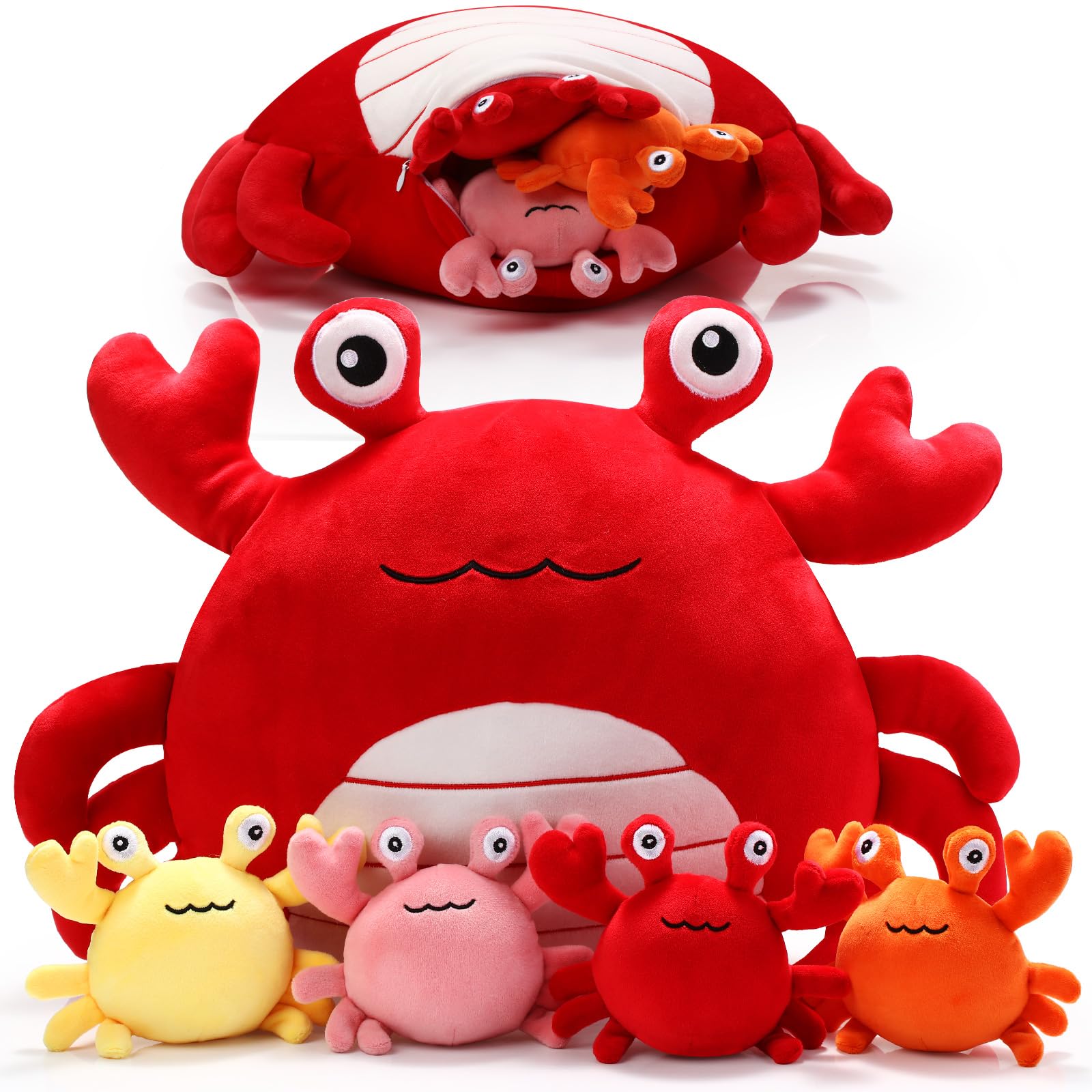 Photo 1 of DoubleFill 5 Pcs Crab Plush Toys Set 14 Inch Large Crab Stuffed Animal Plush Pillow with 4 Baby Plushies Birthday Gifts for Girls Boys Under The Sea Ocean Party Favor Decorations(Red)