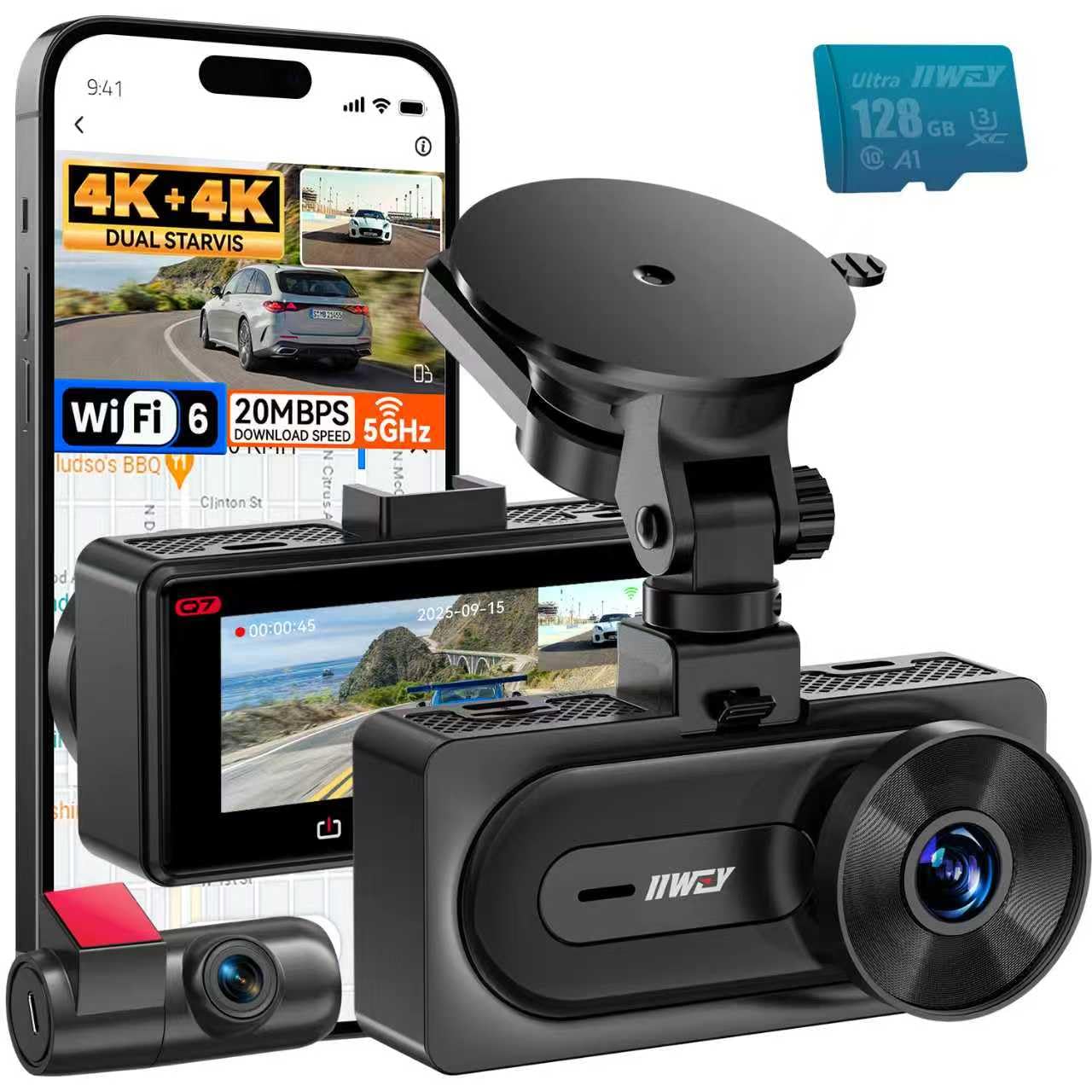 Photo 1 of IIWEY 4K+4K Dash Cam Front and Rear, Dual STARVIS w/HDR, 5G WiFi-6 (up to 20MB/s) with App, 128G SD Card Included, GPS, Dash Camera for Cars with 24/7 Parking Mode, 3.18 Inch IPS, 170° Wide Angle