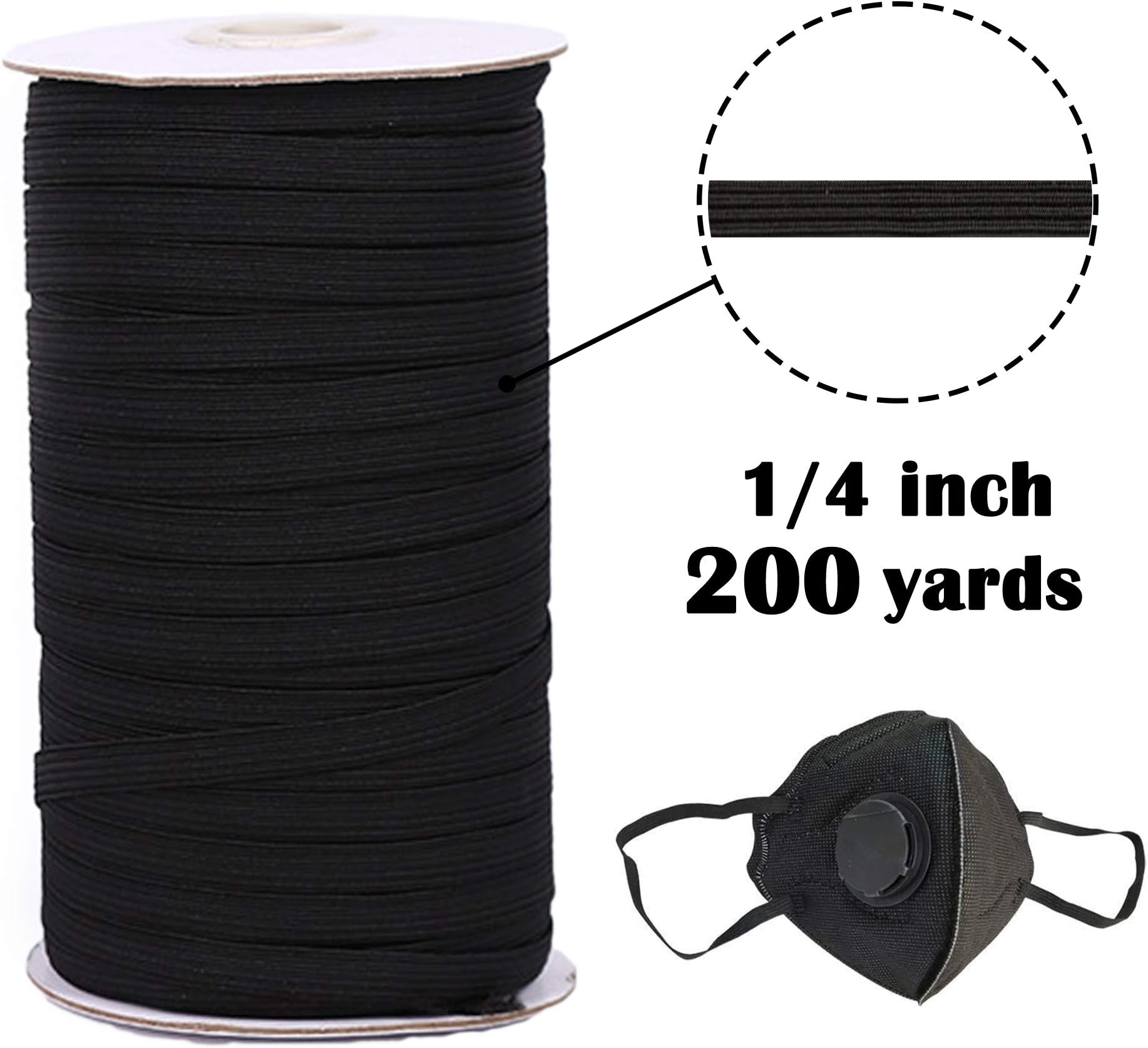 Midi Ribbon Black 200-Yards Length 1/4" Width Braided Elastic Cord/Elastic Band/Elastic Rope/White Heavy Stretch Knit Elastic Spool, Crafts DIY Mask Bedspread Cuff