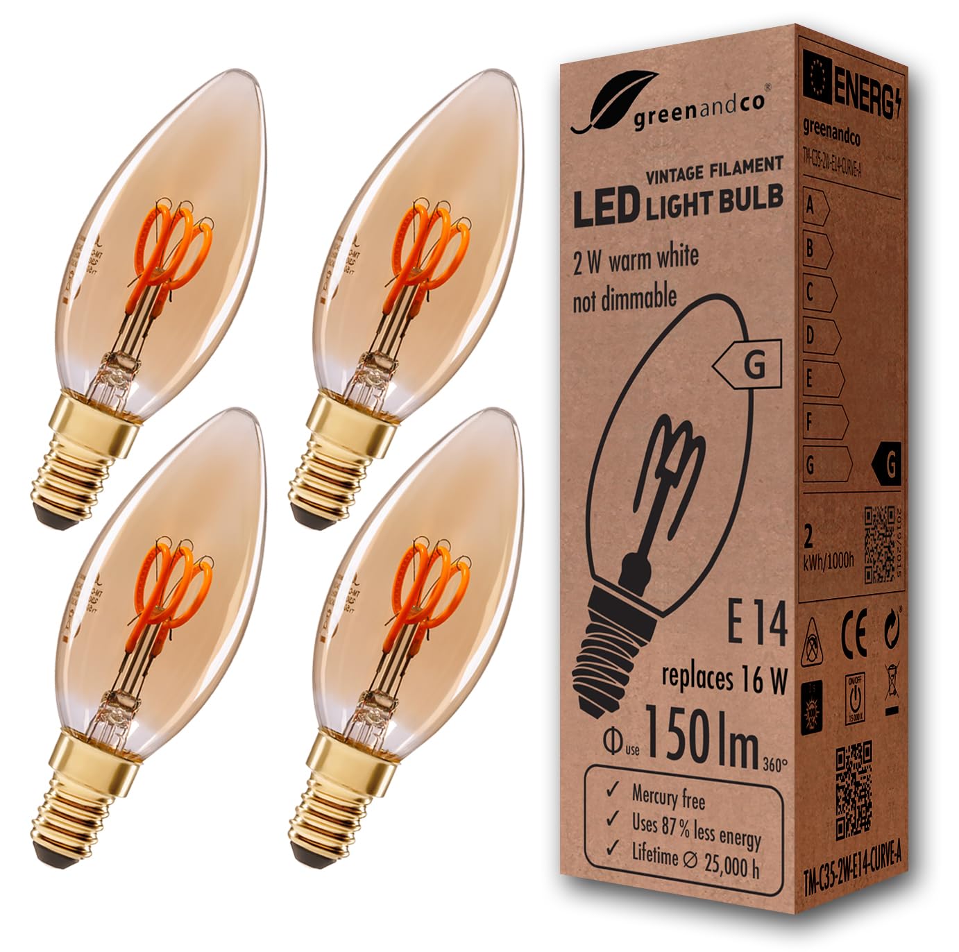greenandco® E14 C35 LED Vintage Filament Bulb 2W Replaces 16W 150lm 2000K Extra Warm White 360° 230V, no Flicker, not dimmable, 4-Pack