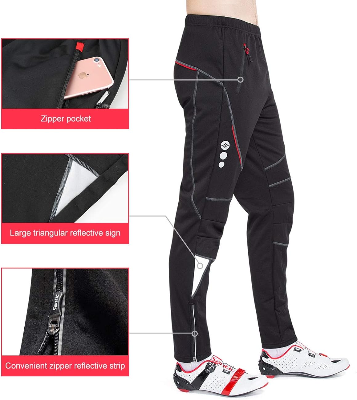 Santic Men's Cycling Pants Fleece Thermal Windproof Winter Outdoor Athletic Pants for Biking Running Hiking : Clothing