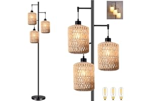QIYIZM Floor Lamp for Living Room,Bedroom,3-Lights Boho Rattan Tree Floor Lights,Industrial Black Farmhouse Standing Lamp Wicker Rustic Tall Lamp,Woven Bamboo LampShade Floor Lamps Bohemian