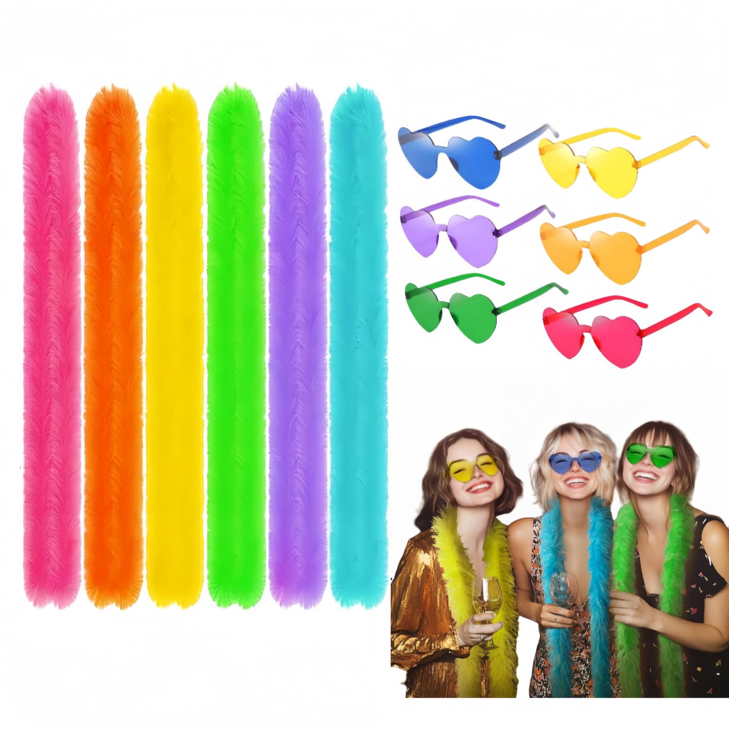 qixiang Feather Boa Multipack，6PCS Feather Boas with 6PCS Frameless Sunglasses,The Fluff Is not Easy to Fall Off, Suitable for Theme Parties, Cosplay and Halloween Costumes.