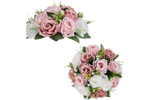 BLOSMON Fake Flower for Table Decoration: 2 Pcs Artificial Dusty Pink Rose Flowers Ball Centerpieces - Faux Silk Kissing Bouq