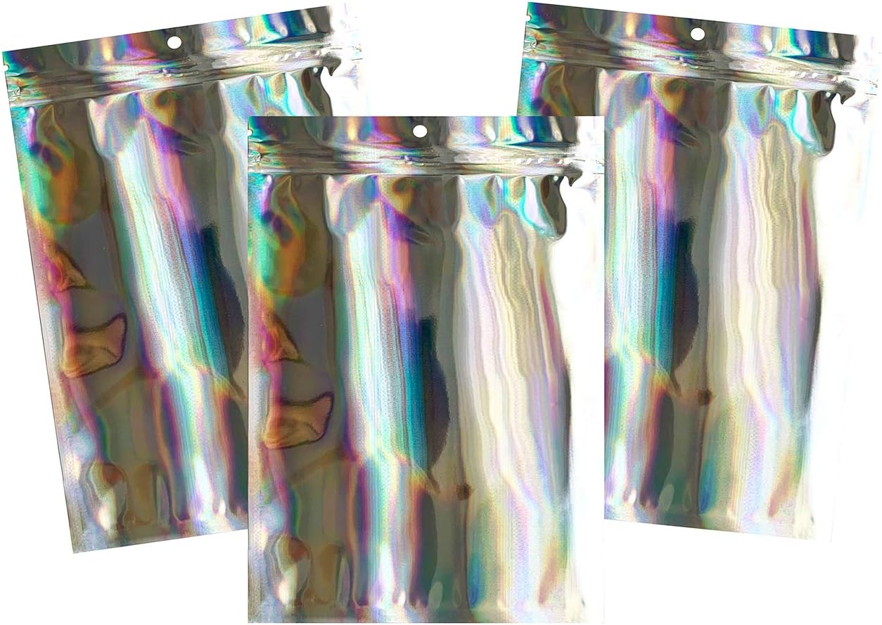 Thick Foil Flat Zip lock Pouches, Metalized Food Barrier Bags, Resealable & Strong, 100 Count (4×6 Inch, Clear Front-Holographic)