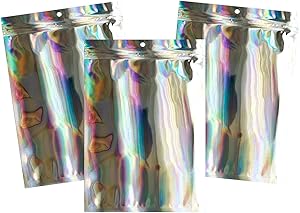 Thick Foil Flat Zip lock Pouches, Metalized Food Barrier Bags, Resealable & Strong, 100 Count (4×6 Inch, Clear Front-Holographic)