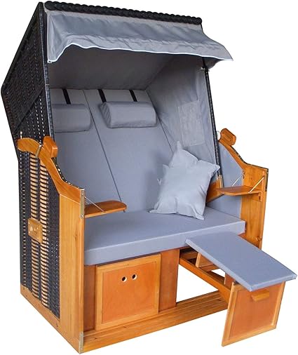 Amazon De Hoberg 2 Sitzer Strandkorb Ostsee 120x80x160 Cm 5 Liegestufen Einstellbar Rollen Mit Feststellbremsen Ausziehbare Fussbanke 2 Nackenkissen
