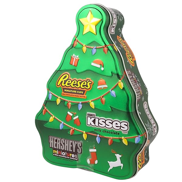 GALERIE CHRISTMAS STOCKING STUFFER CANDY GIFT, TREE TIN FILLED WITH ASSORTED CHOCOLATES, REESE’S, KISSES, AND MINIATURES, 1.86 OUNCES
