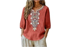 FZYLQY Embroidered Shirts for Women Cotton Linen 3/4 Sleeve Tees Summer Boho Peasant Gauze Blouse Dressy Casual Bohemian Tops