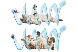 FOWSRHRG 2 Packs Folded Cats Tunnel, Kitten Tunnel for Indoor Cats Collapsible Large Tubes Played Tunnel Spring Cute Foldable Pet Tunnel Bed Interactive Toy with Toys Feather Mouse Hemp Ball Blue