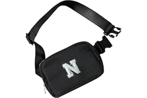 COSHAYSOO Small Initial Waist Fanny Pack Belt Bag with Chenille Letter Patch for Granddaughter Big Litter Girl Traveling Running Christmas Birthday Gifts, Mini Preppy Fashion Crossbody Pouch Black (N)