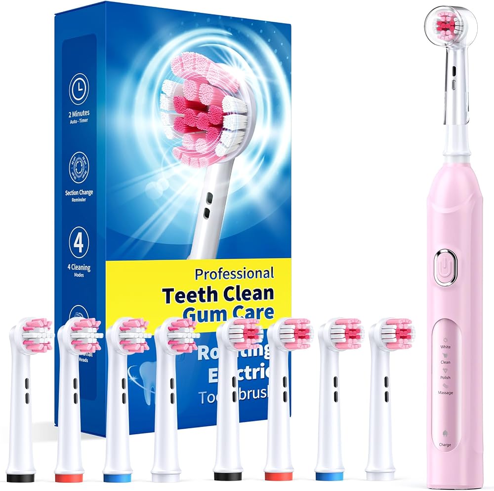 TEETHEORY Rotating Electric Toothbrush with 8 Heads 4 Modes Pink