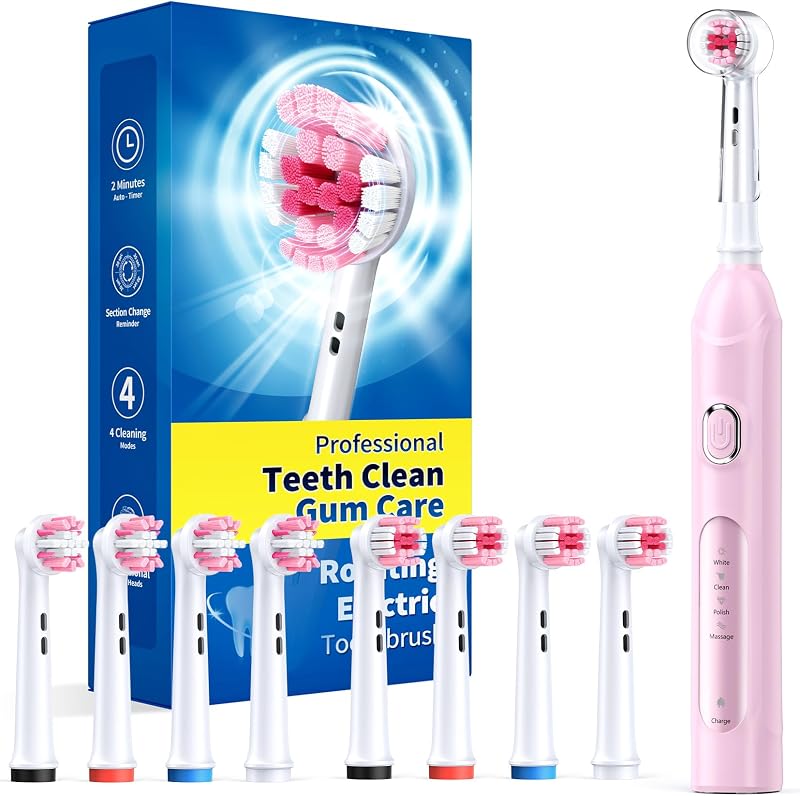 TEETHEORY Rotating Electric Toothbrush with 8 Heads 4 Modes Pink