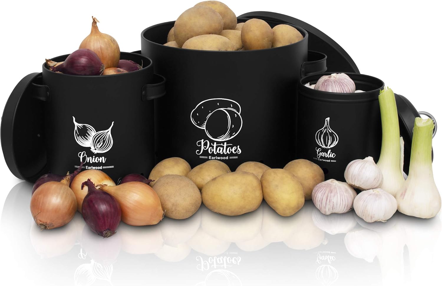 Earlwood *NEU* Vorratsbehälter Set mit Deckel - Ideal als Kartoffeltopf, Zwiebeltopf und Knoblauchtopf geeignet - Hält Dein Gemüse länger Frisch und überzeugt durch hochwertige Qualität