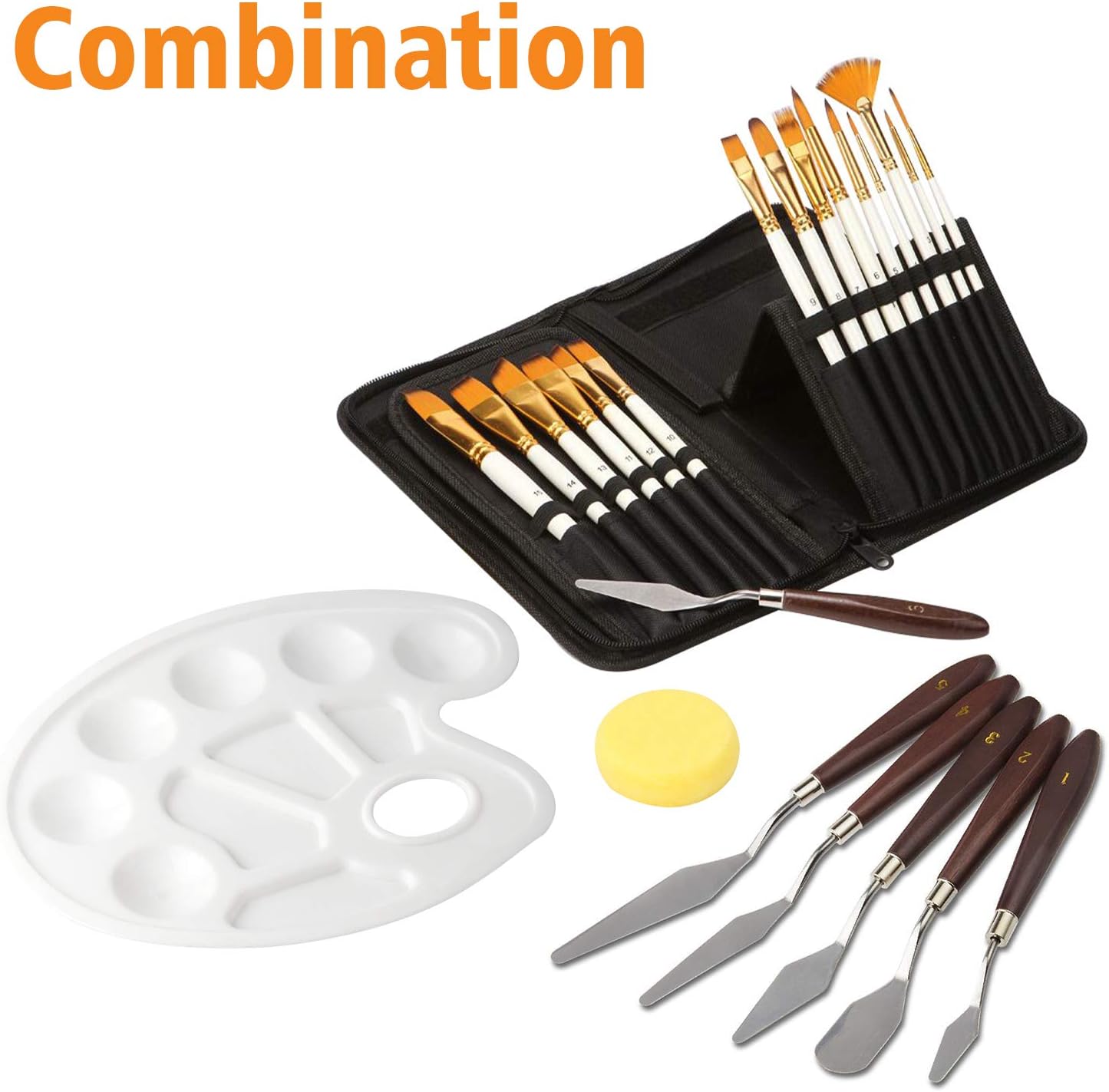 AOOK 24 Art Paint Brush Set, 18 Pack Different Brush Shapes & Sizes Bonus Painting Knife & Watercolor Sponge No Shed Bristles Wood Handles for Artist Body Paint, Acry(15Cloth Bag Set + Palette Knife)