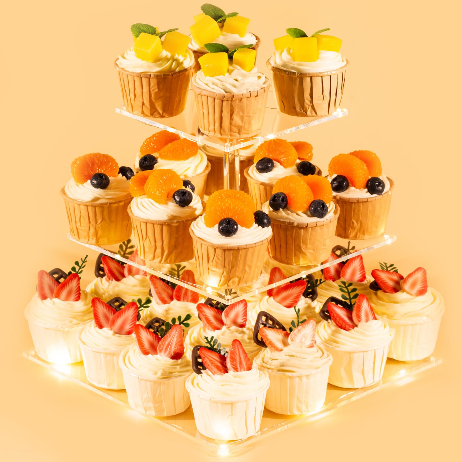 Photo 1 of HENABLE 3 Tier Cupcake Stand Cupcake Holder, Acrylic Cupcake Tower with LED Yellow Light for 24 Cupcakes, Dessert Table Display Set for Birthday, Bar, Decor Weddings, Parties Events