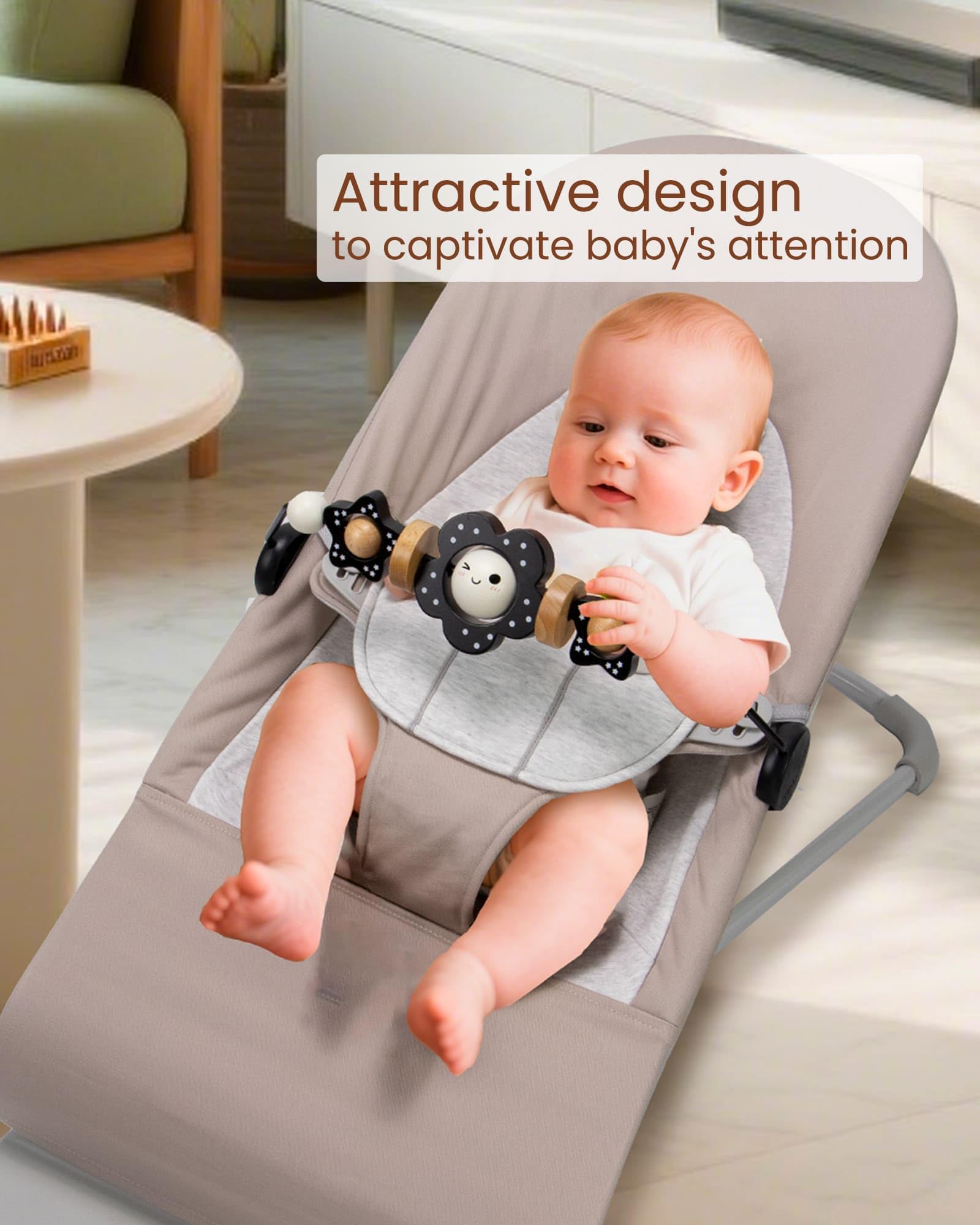Baby Bouncer Toy Bar Wooden Compatible with Baby Bjorn Bouncer, Bouncer Toy Attachment Tight and Secure Fit, So Fun to Watch, Touch and Spin for Babies All Ages (Black and White Flower)