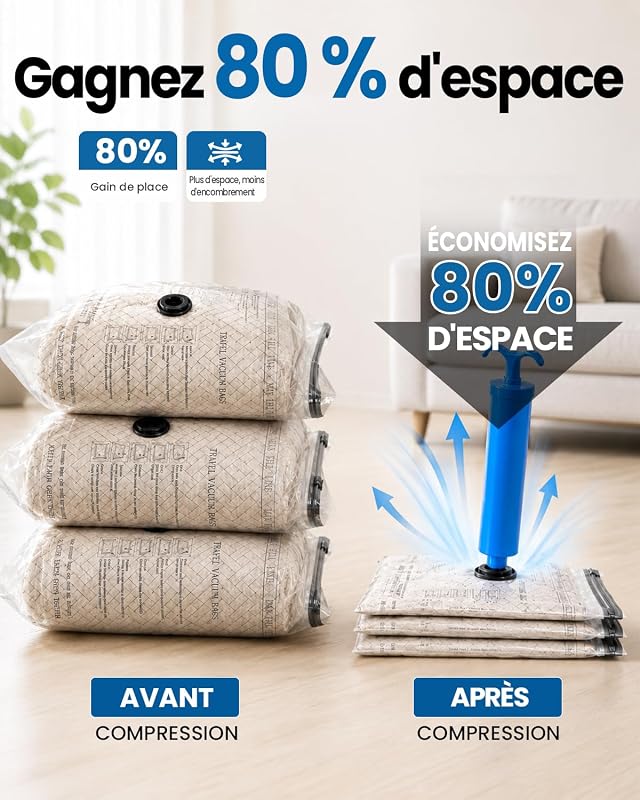 Sac sous Vide Vetement Aspirateur avec Pompe Manuelle, 4 Sac de Rangement sous (4 * 50x40cm), Vide Voyage, Déménagement