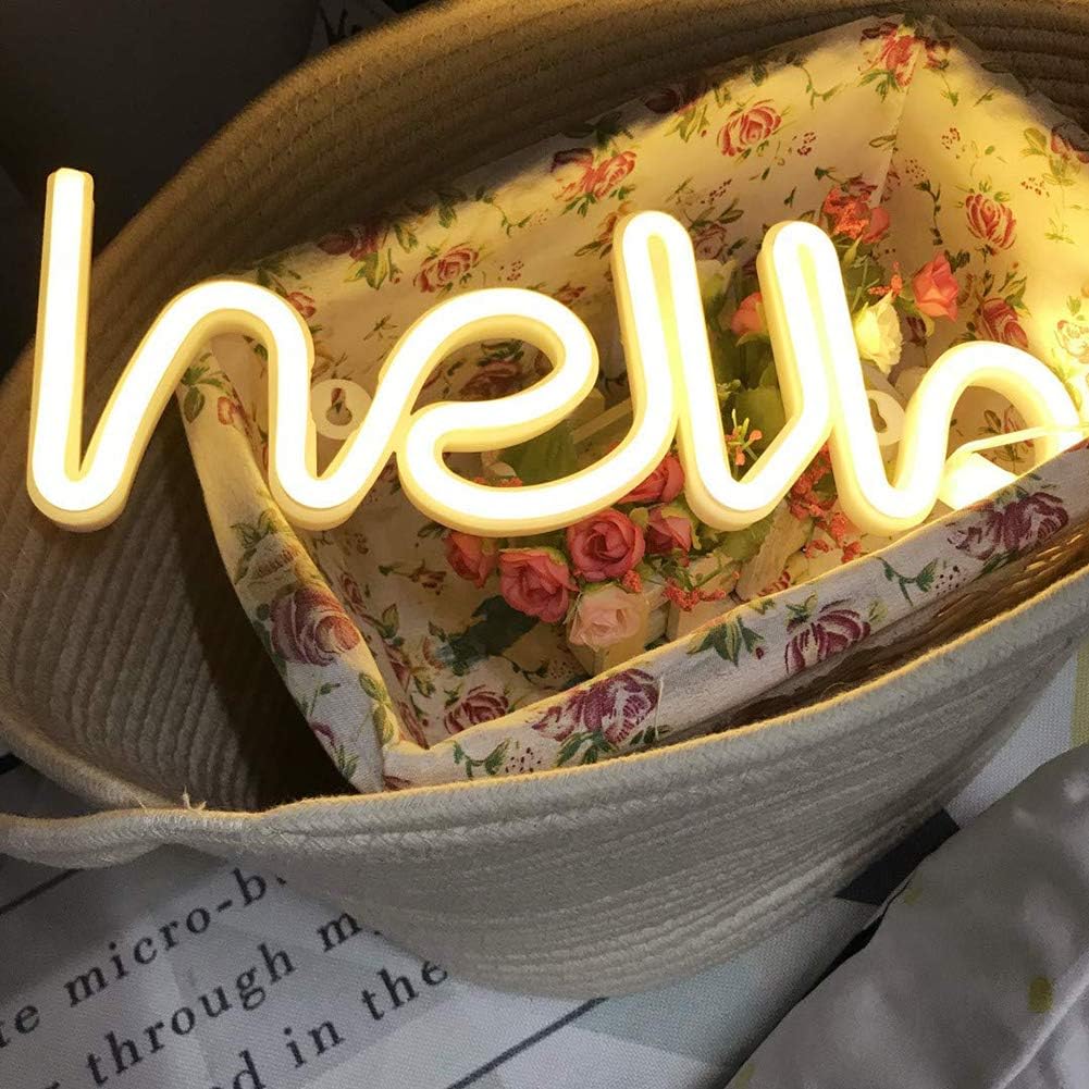 TMODZAC06 Hello Neon Light LED Neon Word Sign Neon Letters Light Art Decorative Lights Wall Decor for Children Baby Room Hose Bar Recreational Wedding Party Decoration (Warm white hello)