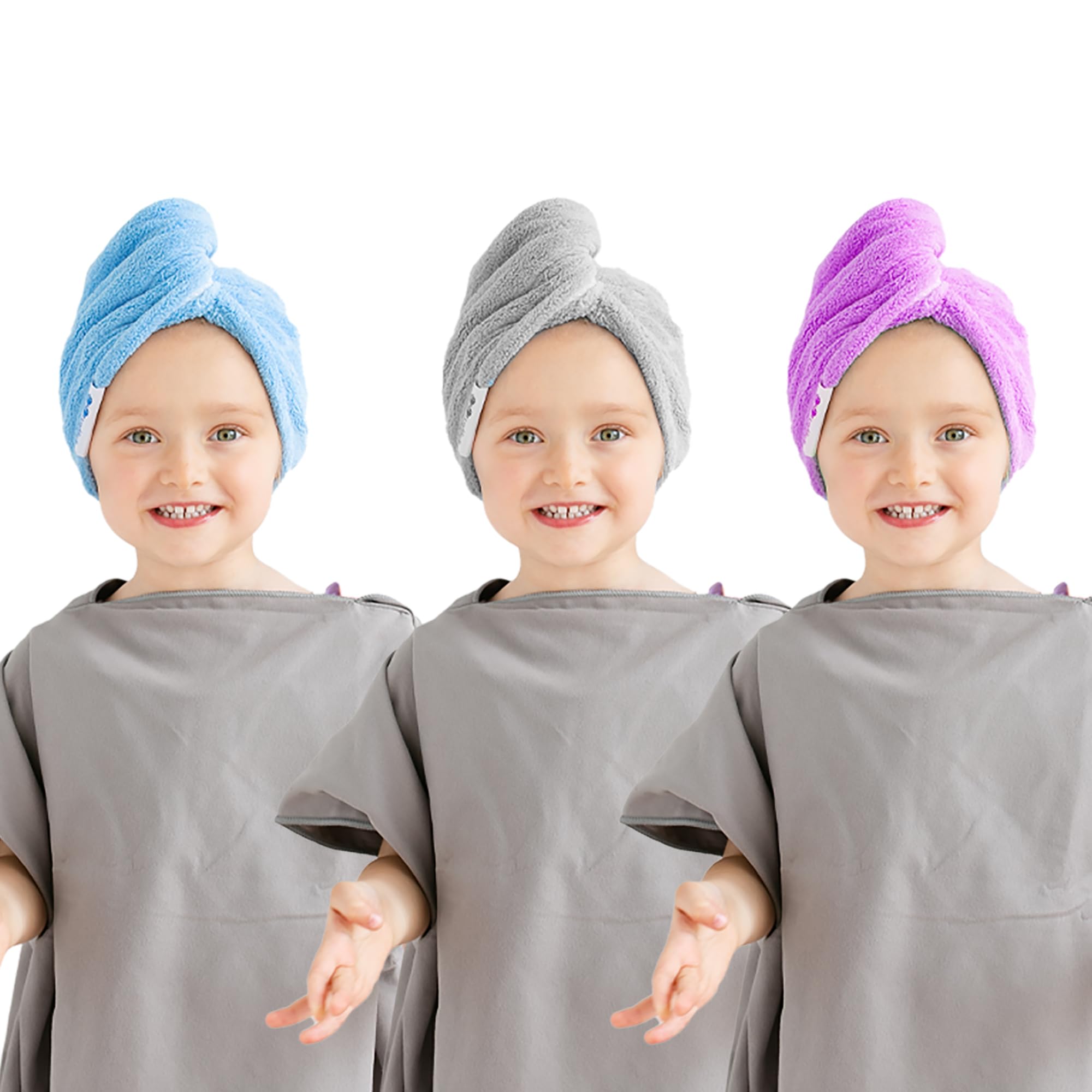 tiddlers & nippers Super Absorbent Hair Wrap Twist Towels | 65x25cm Large Turban with Button & Elastic Fastening for Women & Kids (Set of 3, Purple, Grey & Blue)
