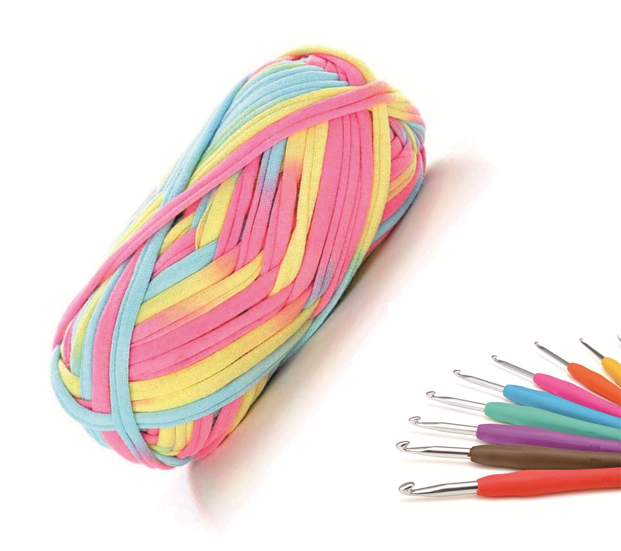 DIY T-Shirt Yarn, Soft Cotton Fabric Cord, Chunky Knitting Yarn, Spaghetti Yarn, Zpagetti Yarn, Crochet Fabric Yarn 100g with One Crochet Hook (Color 8)