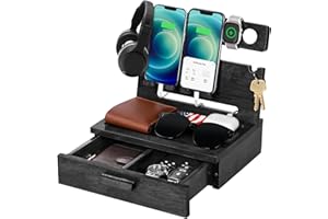 Funistree Gifts for Men Dad Husband Fathers Day Birthday from Daughter Son Wife, Wood Phone Docking Station with Drawer Mens Nightstand Organizer, Gifts for Him Boyfriend Anniversary Present Ideas