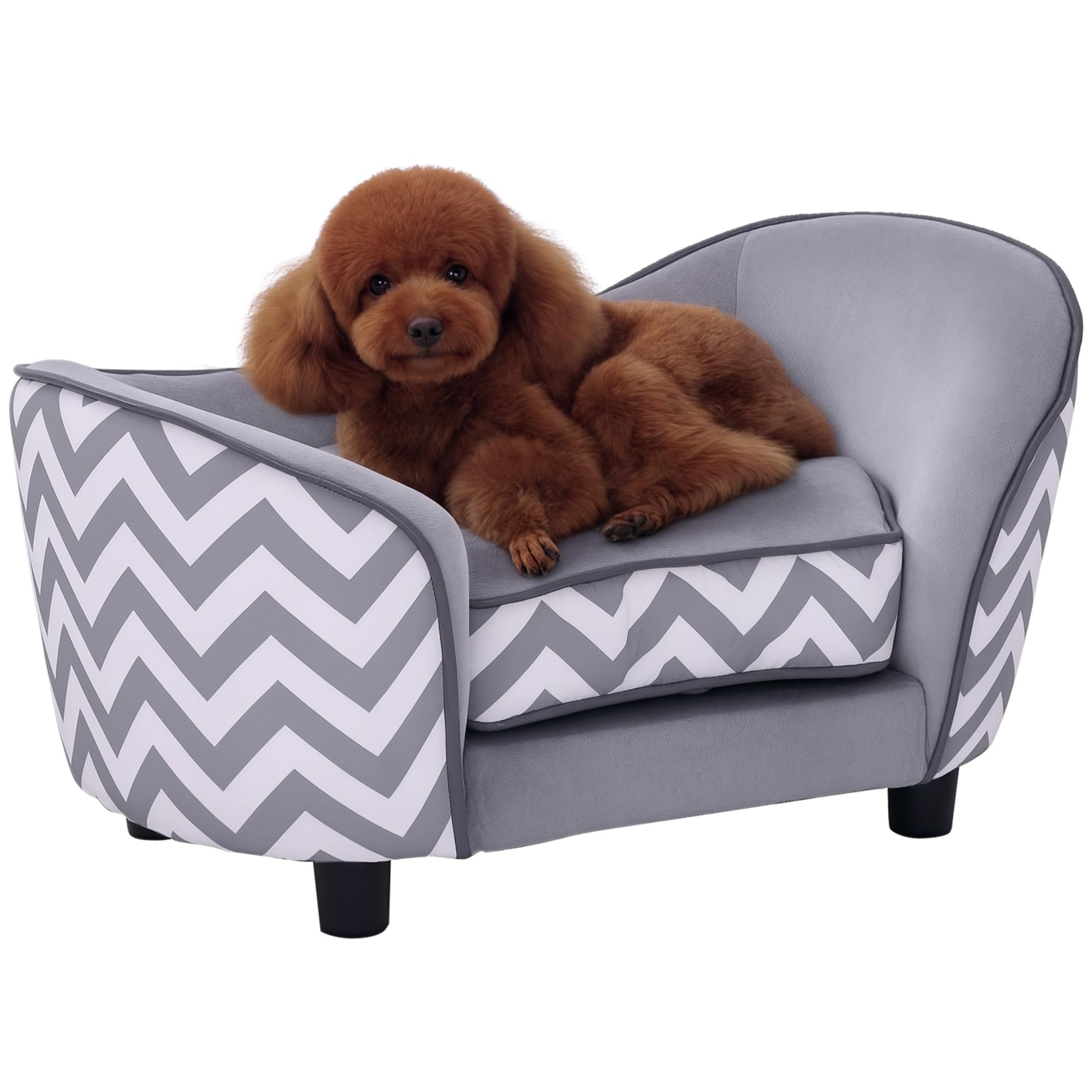 Pawhut D04-072GY Plush Fur Dog Sofa Couch Wooden Frame Deluxe Pet Sofa Lounger Cat Bed w/Cushions (Grey)