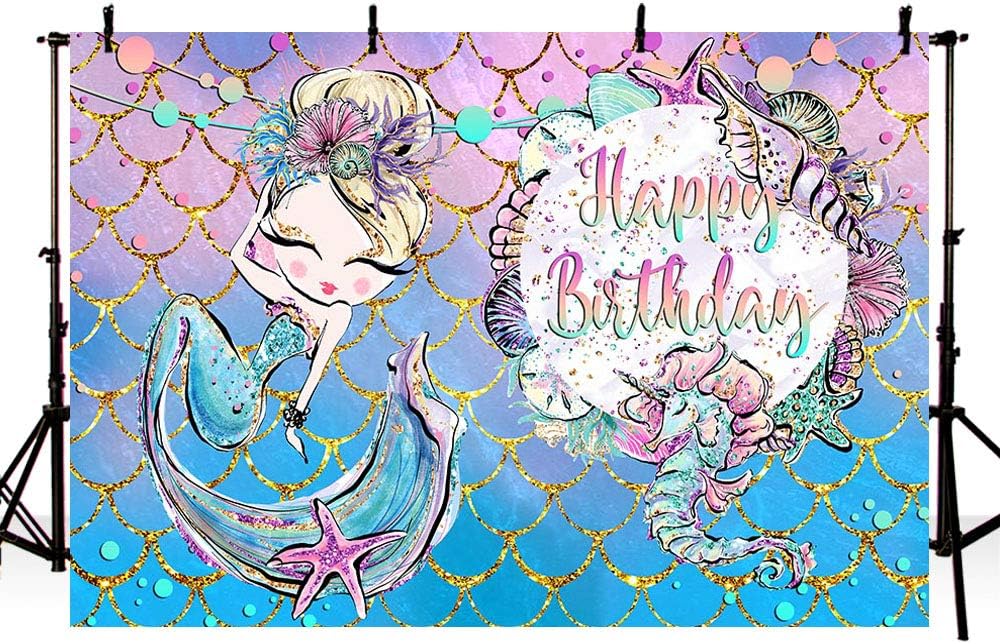 MEHOFOTO Mermaid White Princess Birthday Pool Party Decoration Photography Backdrop Under The Sea Girl Happy Birthday Shell Gold Sparkle Purple Blue Seahorse Photo Studio Background Banner 7x5ft