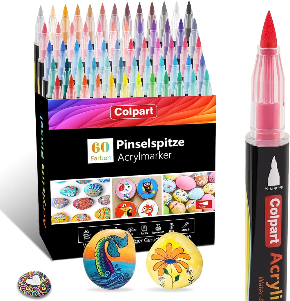 Colpart Acrylic Paint Brush Pens 60 Colors Set for Rock Wood Ceramic Glass
