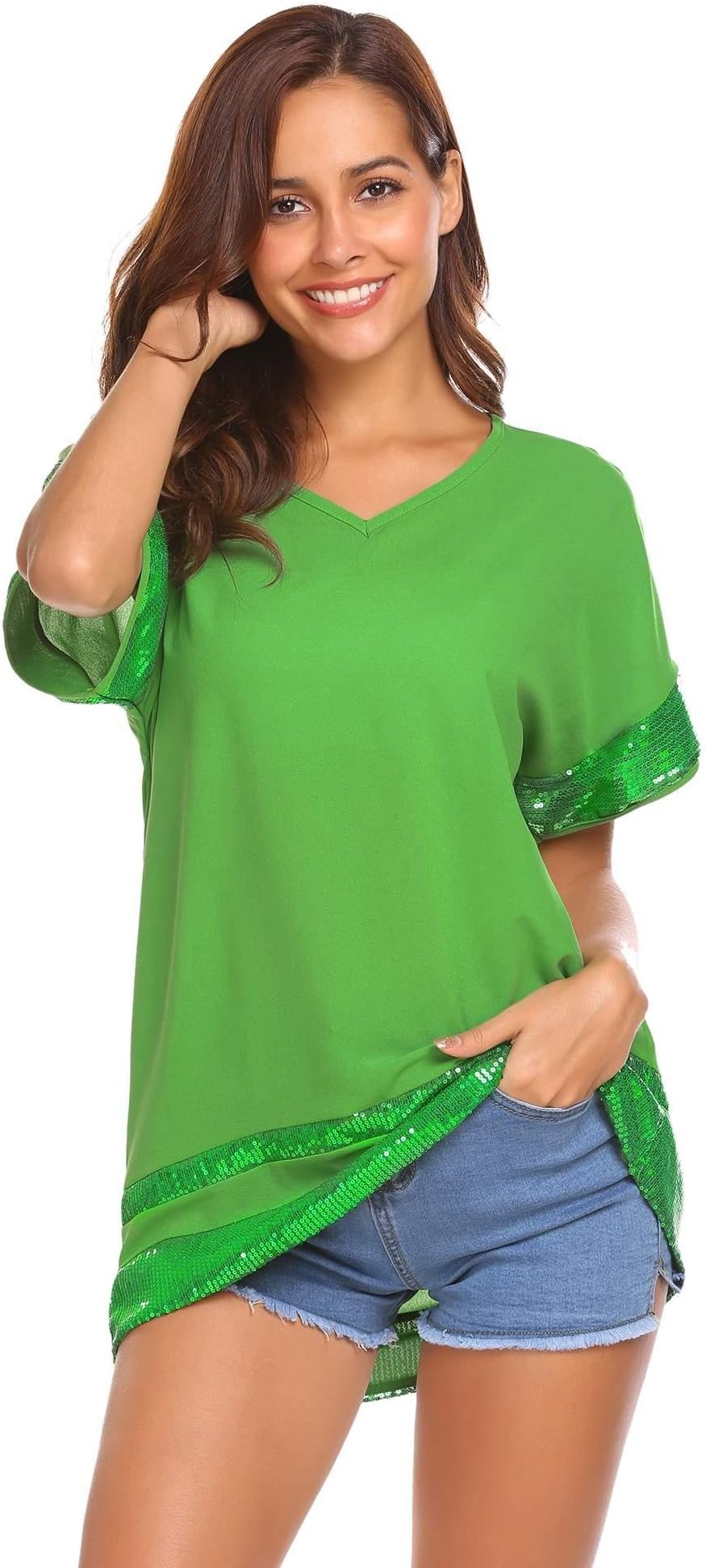 EASTHER Women Summer V Neck Chiffon Sequins Tunic High Low Hem Short Sleeve Blouse Shirt Tops