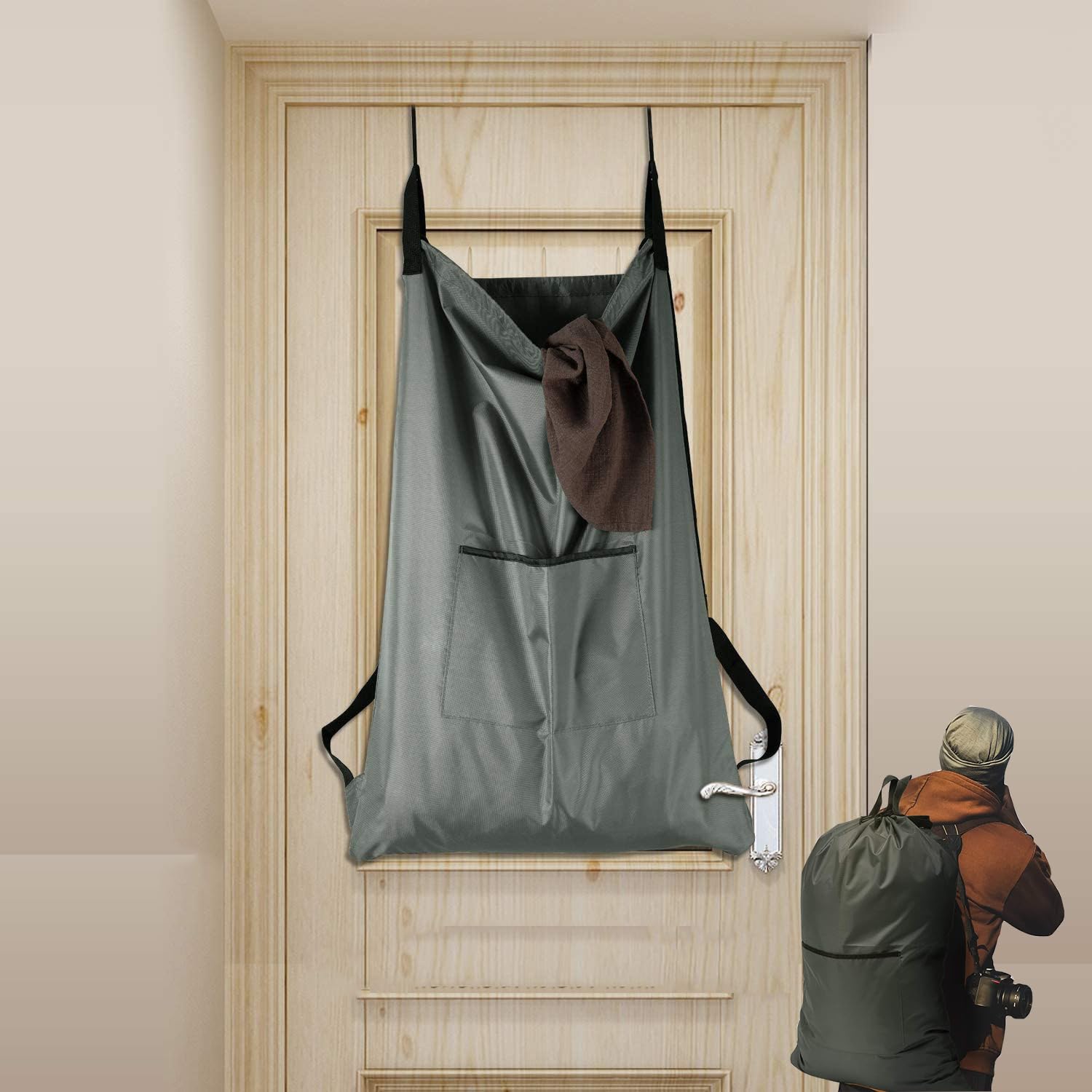 KINGSUSLAY Camping Laundry Backpack, Hanging on Laundry Bag, Travel Laundry Bags，Door Hanging Laundry and Overy theDoor Basket for Dirty Clothes(76.5x 51CM,Grey)