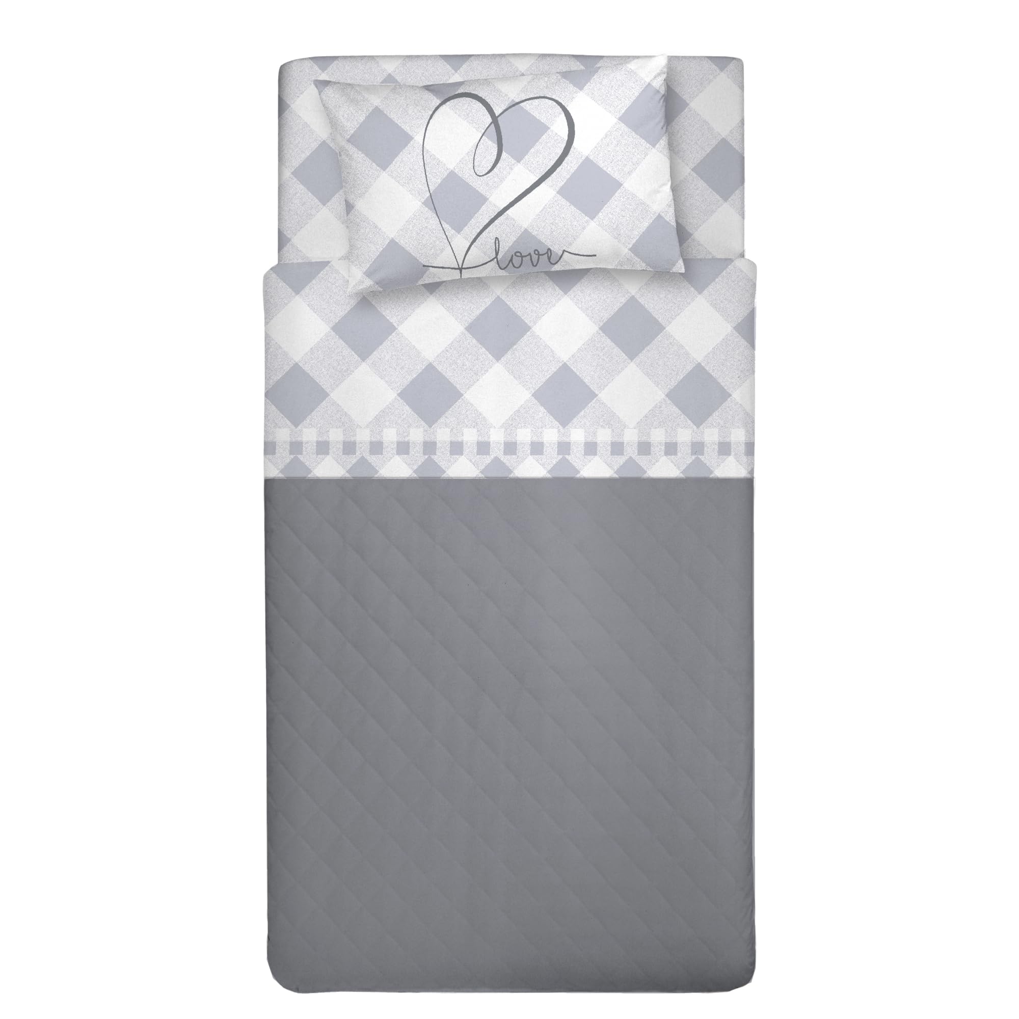 PENSIERI DELICATI 3/4 Bed Sheet Set, 100% Cotton, 120 x 200 cm, Includes Bottom Sheet, Top Sheet and 1 Pillowcase, Made in Italy, Grey Lovely Check Pattern — image 1