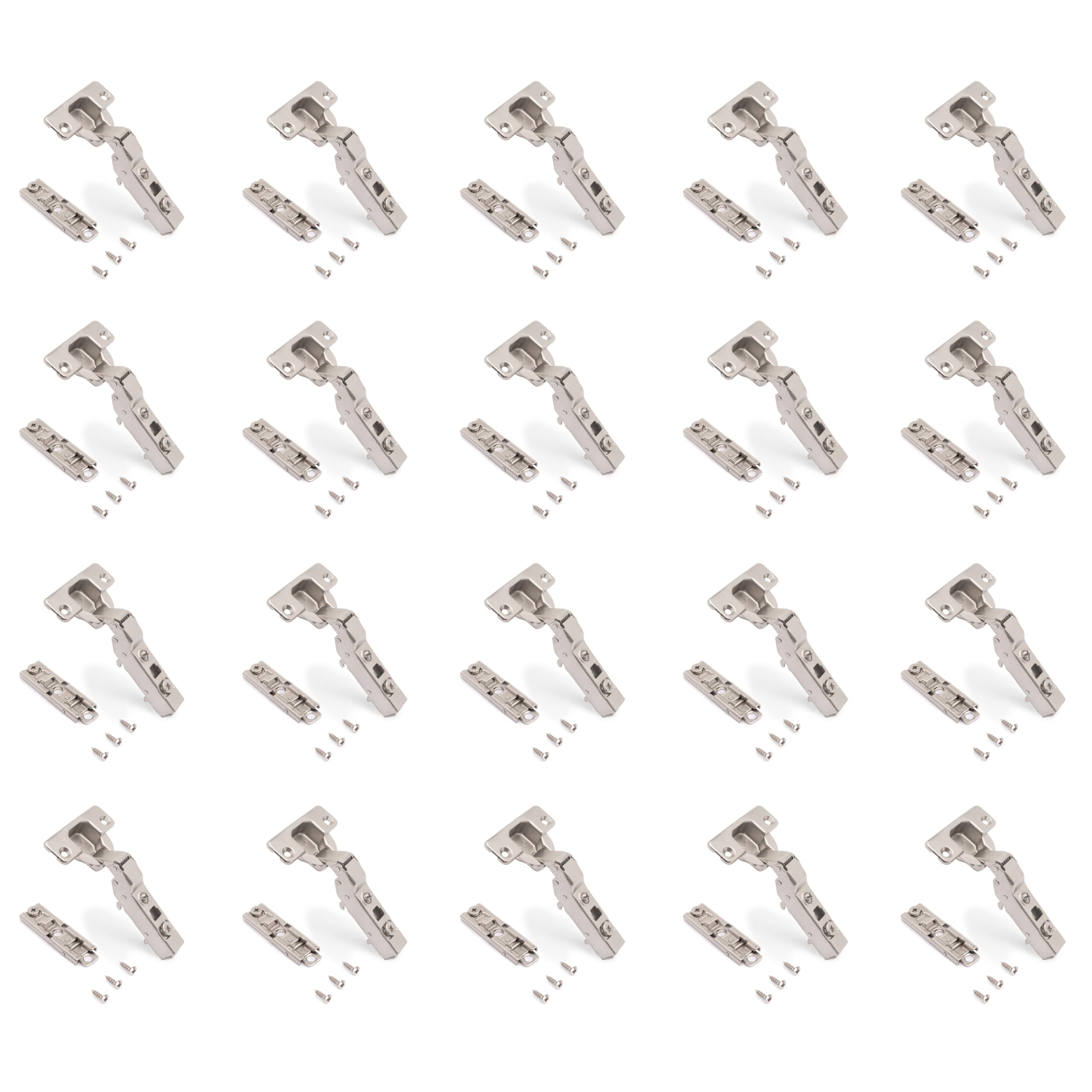 Emuca - Lot of 20 X91 Half Overlay Hinges with Soft Closing and Screw-on Staright Plates, Height 1, Steel, Nickel Plated