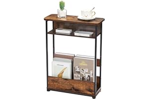 YEAKOO Narrow Side Table,3-Tier Slim End Table with Storage Shelf,Modern Sofa Table Thin Side Table for Narrow and Small Spaces, Skinny Bedside Table Small Nightstand with Magazine Rack Space Saving/Brown