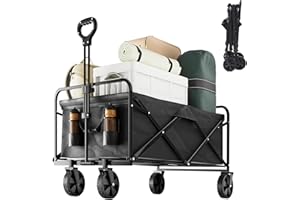 OGCAU Collapsible Foldable Wagon, Heavy Duty Beach Cart, Folding Wagon Portable, Black Large Capacity Utility Wagon, Garden Cart with Adjustable Handle & Side Pocket for Shopping, Camping, Outdoor