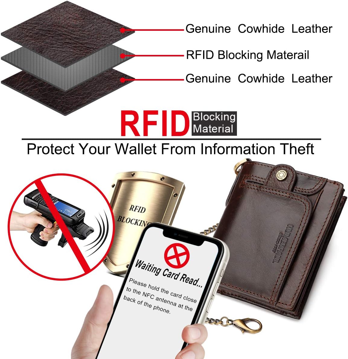 HNOOM Mens Wallet RFID Blocking Genuine Leather Wallet with Chain Bifold Slim Wallets for Men 14 Card Holder and Zipper Coin Pocket - Image 4
