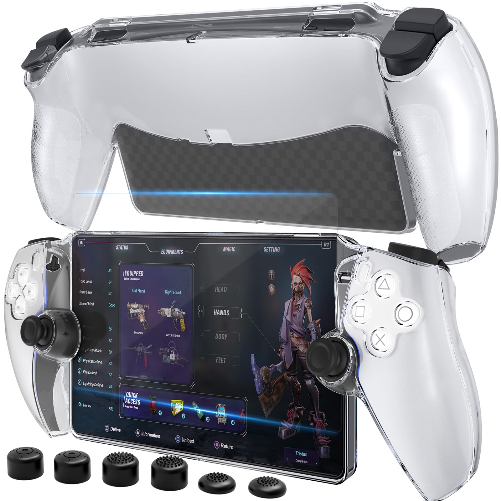 HEYSTOP Case for PlayStation 5 with Screen Protector Tempered Glass, PS5 Protective Case with Comfortable Ergonomic Grip, 6 Thumb Stick Caps (Clear)