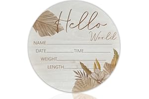 CLHHM Hello World Floral Theme Baby Name Sign Birth Announcement Plaque with Name Date Weight 6" Round Birch Wood Nursery Decor Newborn Hospital Keepsake Gift for Parents