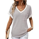 Dokotoo Womens Waffle Knit Tops 2026 Spring Summer V Neck Shirts Casual Trendy Women's Blouses Basic Tee