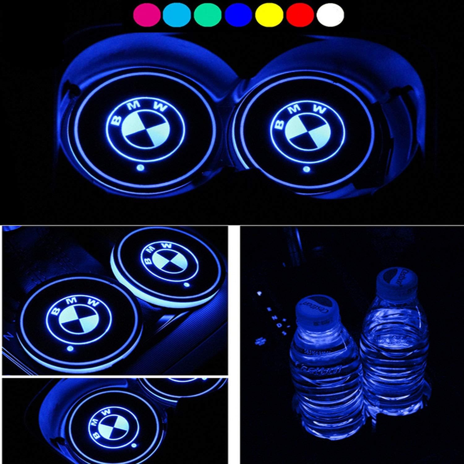 Lntly LED Car Logo Cup Holder Pad Waterproof Bottle Drinks Coaster Built-in Light 7 Colors Changing USB Charging Mat LED Cup Mat Car Atmosphere Lamp 2PCS for BMW Accessory