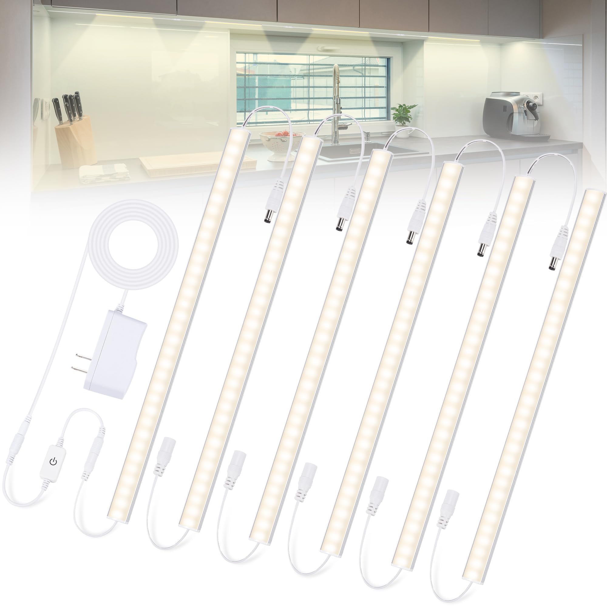 Photo 1 of Plug-in Under Cabinet Lights Daylight White 4000K, Dimmable LED Under Cabinet Lighting, 6PCS x 12 Inch Under-Counter Light Fixtures with Memory Function, Under Counter LED Lights for Kitchen