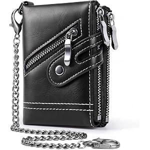 Men's RFID Zippered Short Wallet with Chain,Multifunctional ID Card Holder | 12 Cards,3 Zipper Pockets,ID window, 2 SD Memory