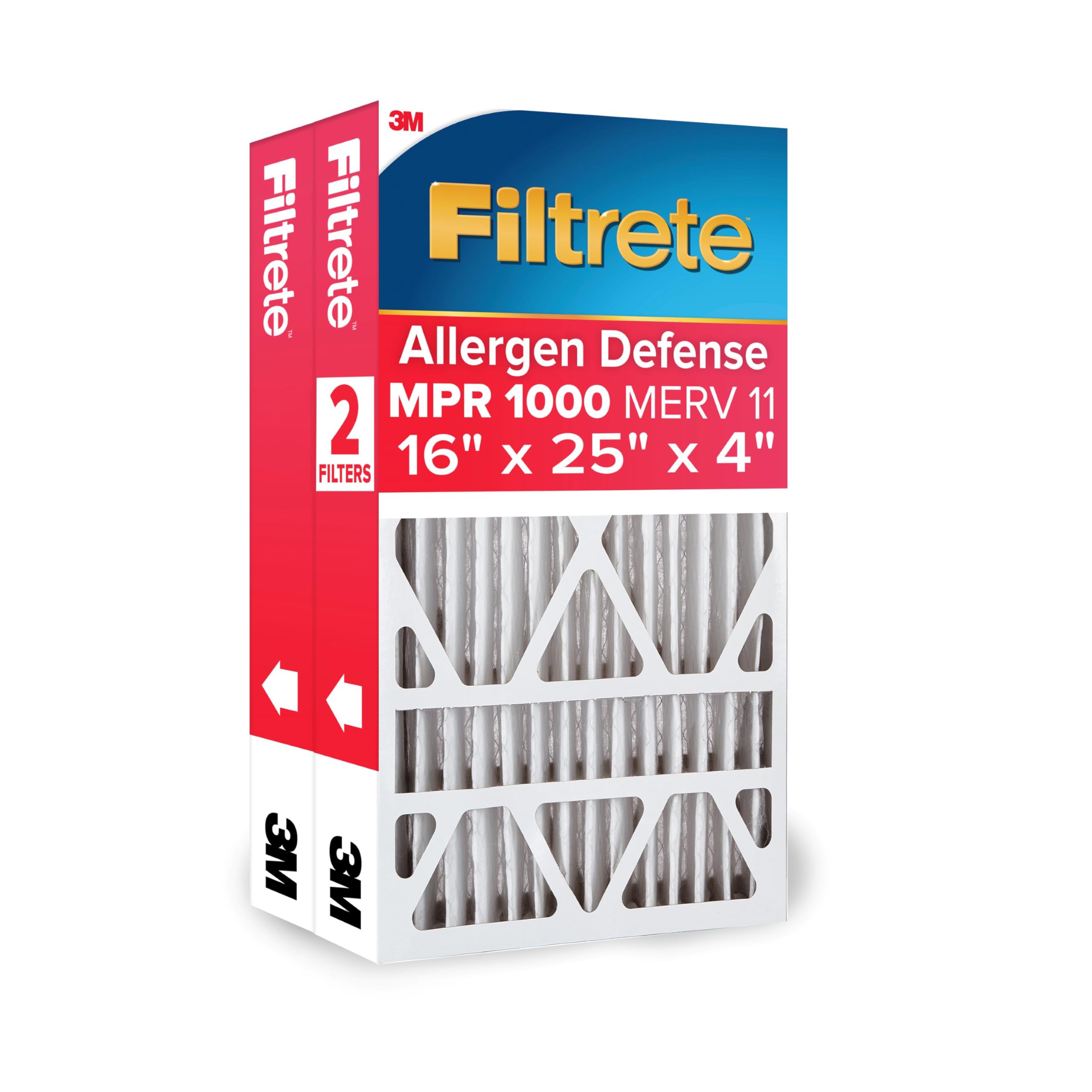 Filtrete 16x25x4 Air Filter, MPR 1000, MERV 11, Allergen Defense 12-Month Deep Pleated 4-Inch Air Filters, 2 Filters