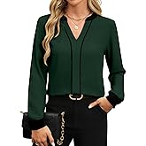 Fayenne Womens Tops Dressy Casual V Neck Color Block Business Casual Blouses Long Sleeve Work Shirts Fall Trendy Clothes