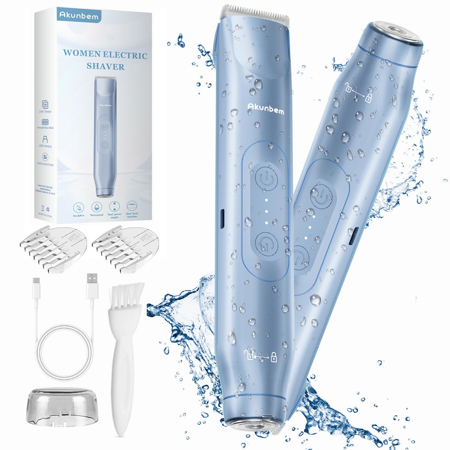 Photo 1 of Akunbem 2 in 1 Women Electric Shaver Dual Head Bikini Trimmer for Women IPX7 Waterproof Wet & Dry Use Body Hair Trimmer 