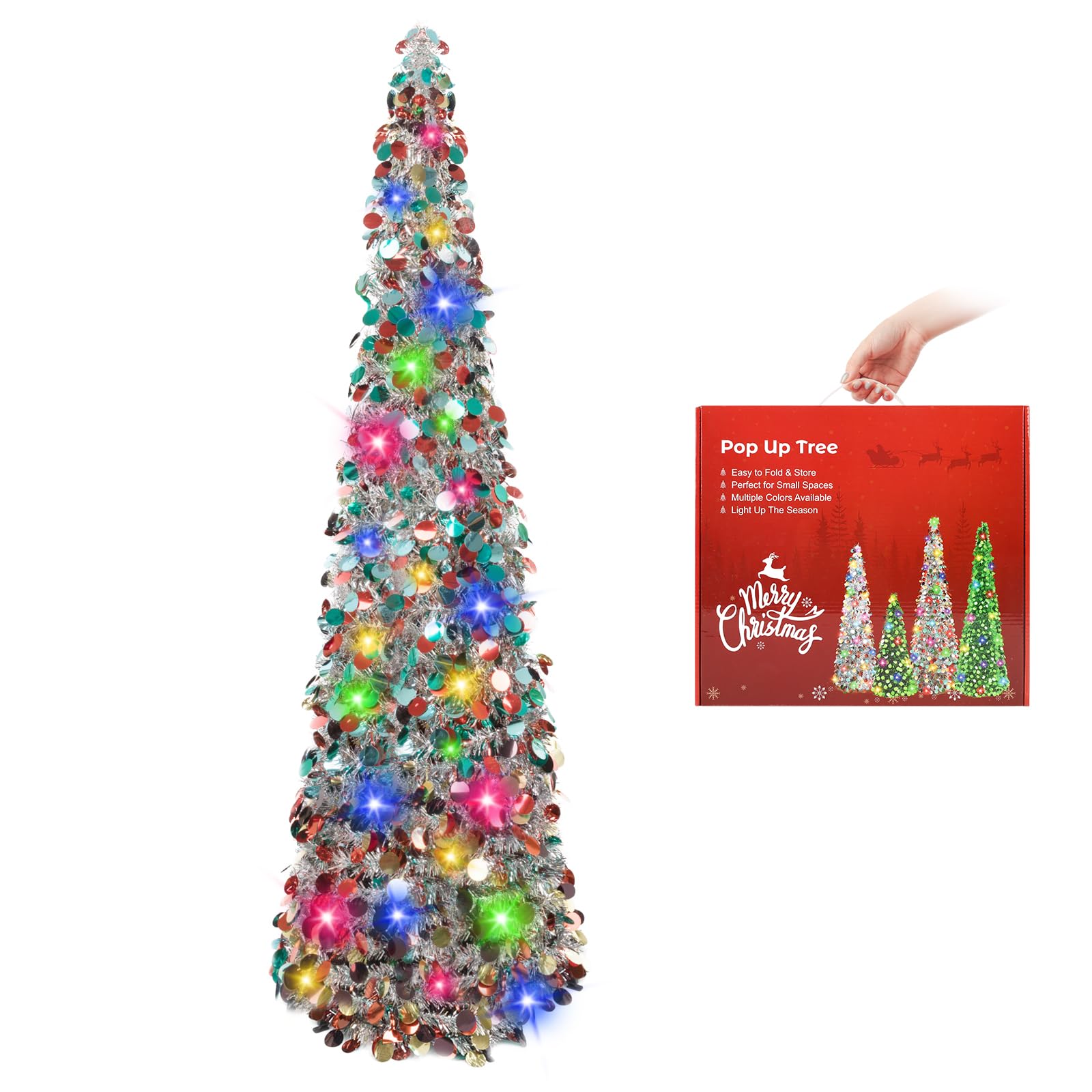 N&T NIETING Christmas Tree, 5ft Collapsible Pop Up Silver Tinsel Coastal Christmas Tree for Holiday Xmas, Home Display and Office Decorations