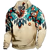 domirica Mens Hoodies Pullover Westren Cowboy Print Aztec Ethnic Graphic Fashion Button Collared Long Sleeve Sweatshirt