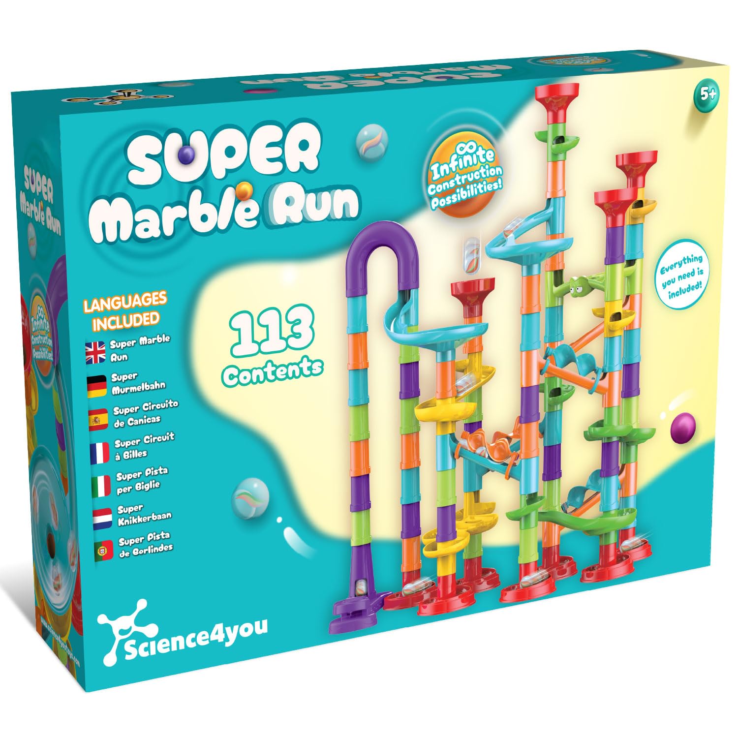 Science4you Super Marble Run - Marble Games for Kids, 113 Pieces and Marbles included, Educational Stem Toys for 3+ year olds, Gift for Boys and Girls