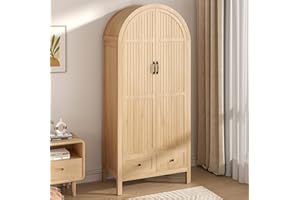 Lxsxlome Wardrobe Closet Cabinet, Armoire Wardrobe Closet with Drawers and 2 Arched Fluted Doors, 70.87‘’ Tall Wooden Bedroom Armoires with Shelves and Hanging Rod (1, Wood Color)