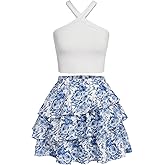 WDIRARA Girl's 2 Piece Summer Outfits Sets Floral Print Textured Ribbed Knit Halter Cami Top & Tiered Layer Skirt Sets